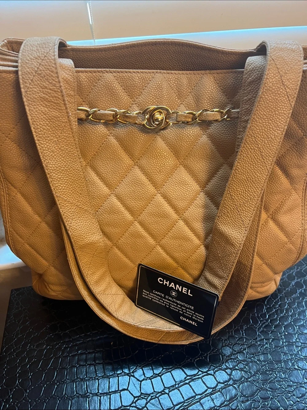 CHANEL Quilted Camel Tote with Gold Chain CC Accent and Turnlock Clasp